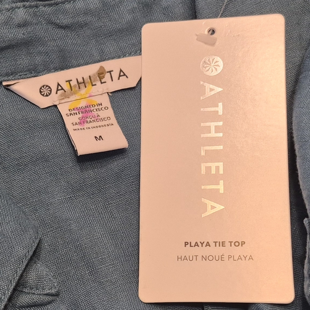 NWT Athleta Borealis Green Lightweight Playa Linen Tie Top Shirt - Picture 12 of 14